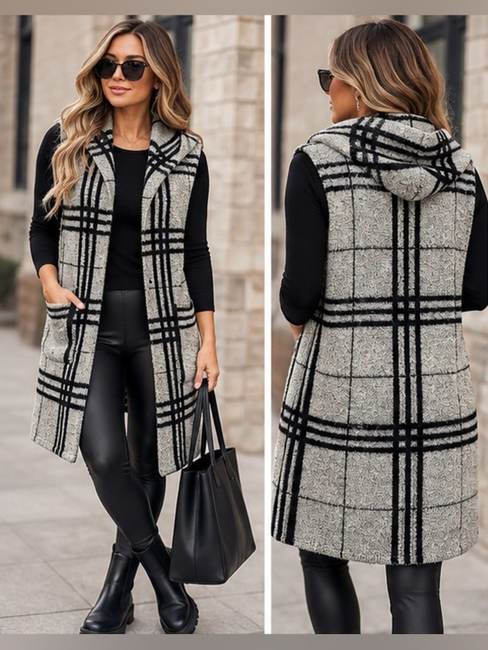 Evidence Black Cream Plaid Hooded Sleeveless Long Knit Vest Medium